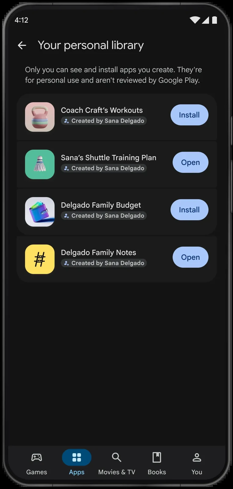 Official Google Play interface showing the personal library and Install or Open buttons for privately created apps.