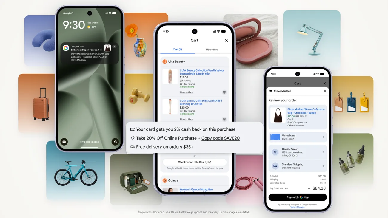 Visuel officiel Google pour « Universal Cart arrive dans Search et Gemini aux États-Unis »
