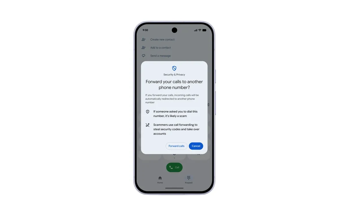 Official Android call-forwarding warning explaining that scammers can use forwarding to steal security codes.